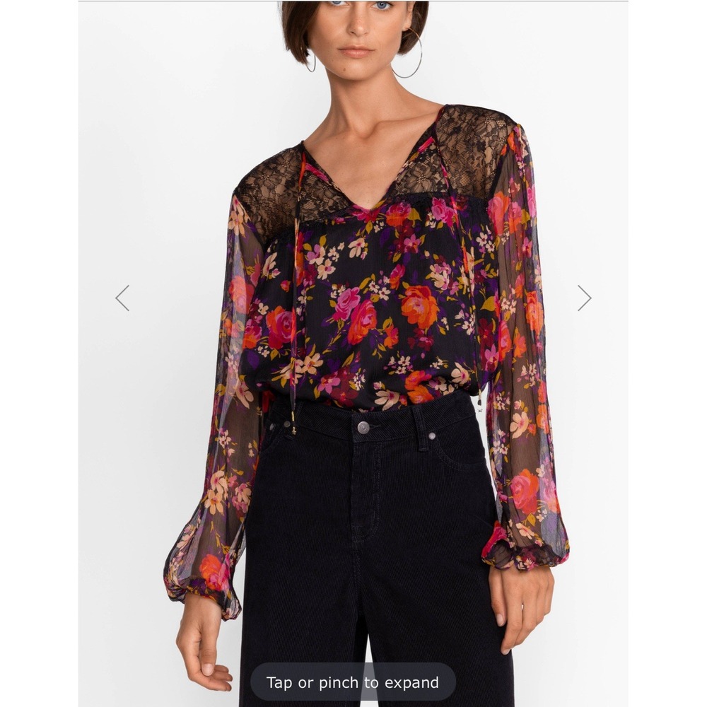 Johnny Was Jade Flora Blouse 100% Silk Black Floral Sheer Lace Long Sleeve